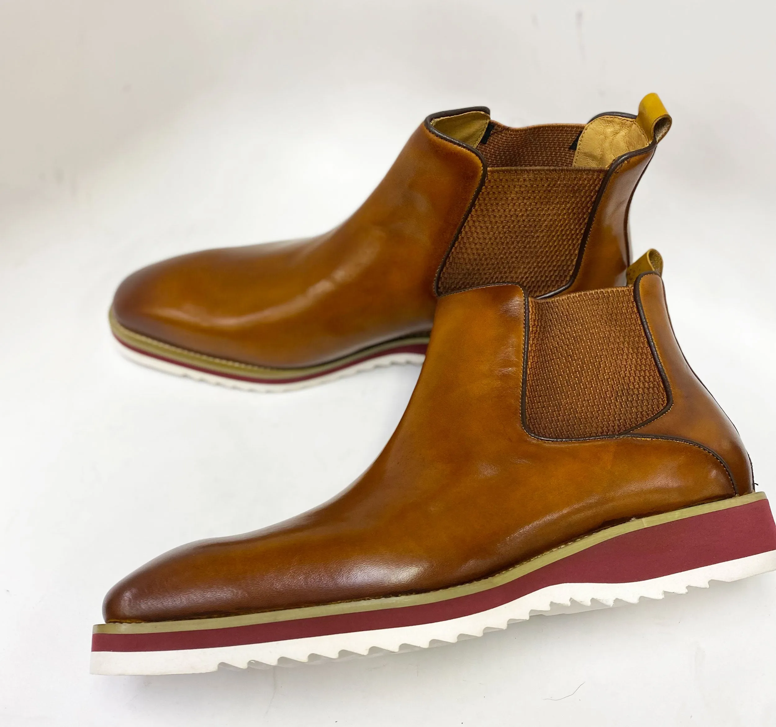 Burnished Calfskin Slip-On Boot Cognac/Red Sole