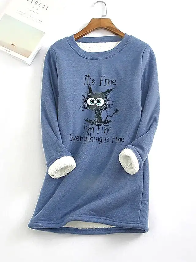 Cat Design Plus Size Fleece Lined Hoodie Sweatshirt