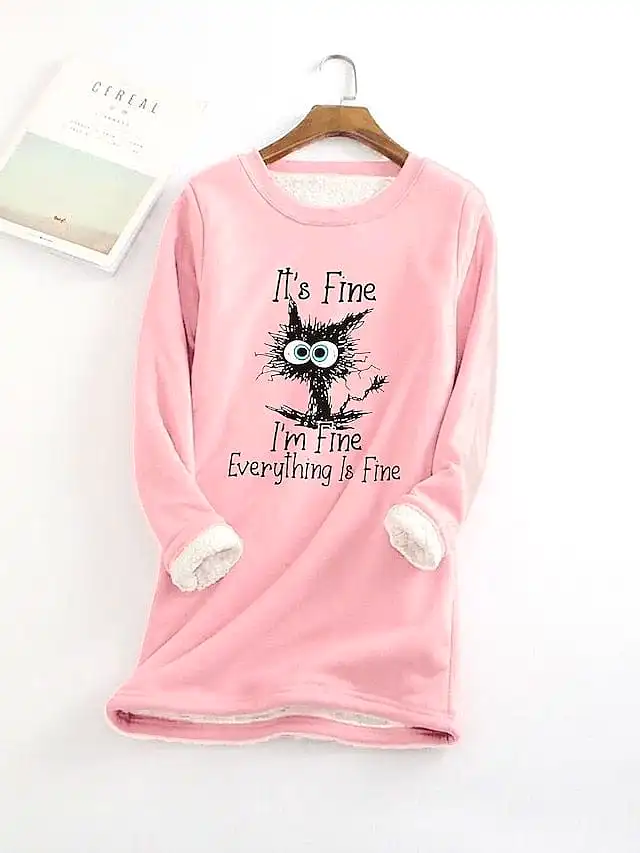 Cat Design Plus Size Fleece Lined Hoodie Sweatshirt