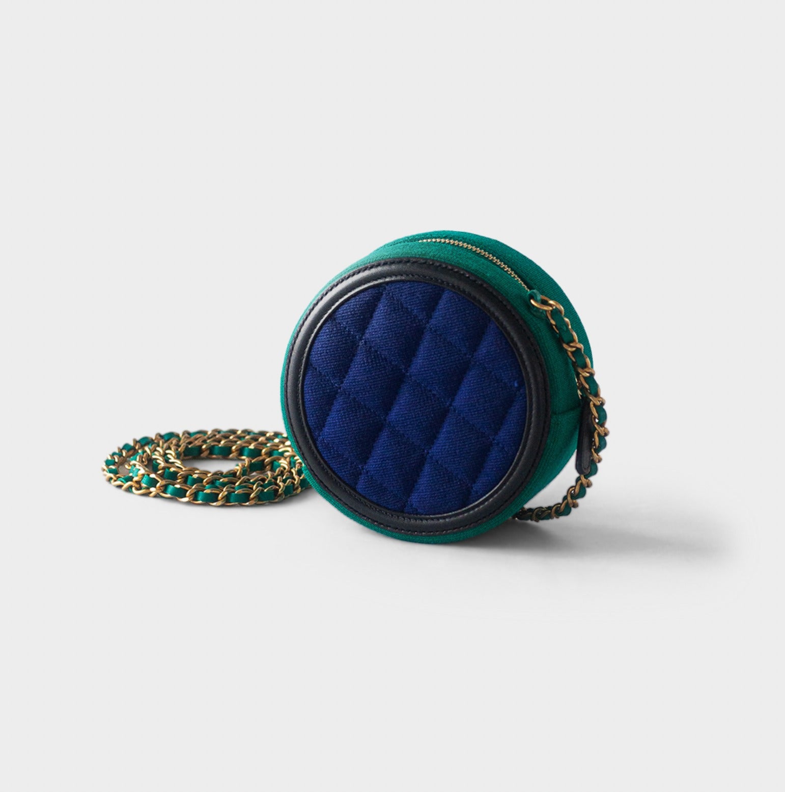 CHANEL-  Round Clutch with Chain Quilted Jersey with Lambskin Logo Blue & Green