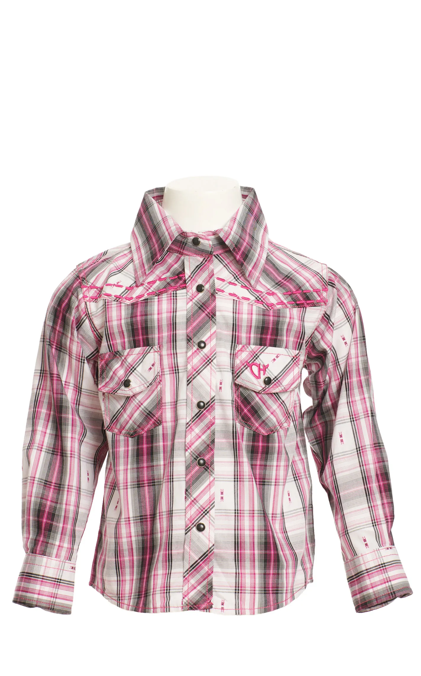 Cowgirl Hardware Toddler Girl's Fuchsia White & Black Plaid Long Sleeve Western Shirt