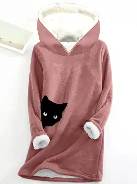 Cozy Cat Print Fleece-Lined Women's Hoodie Sweatshirt