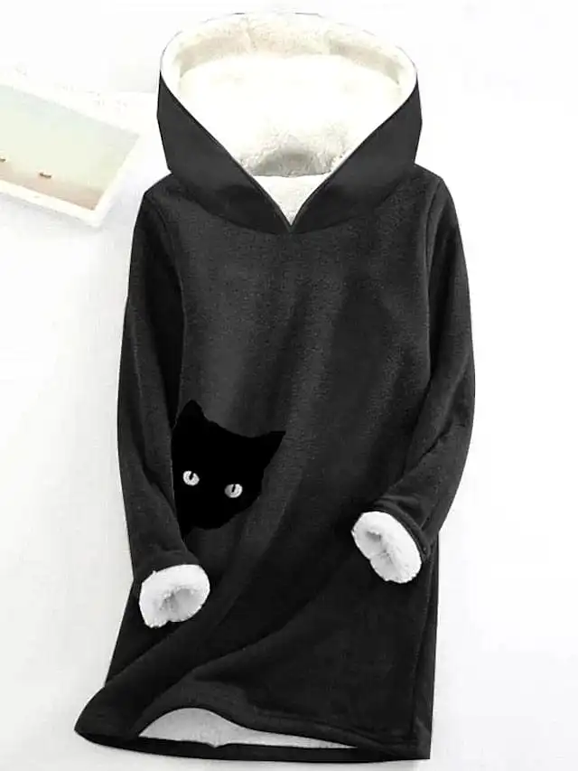 Cozy Cat Print Fleece-Lined Women's Hoodie Sweatshirt