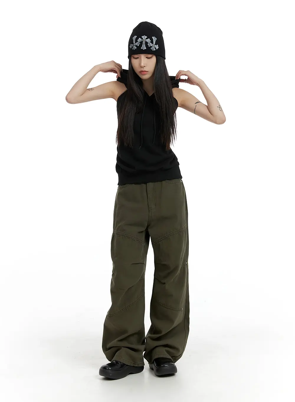 Dark Grunge Pintuck Stud Wide Leg Pants CF428