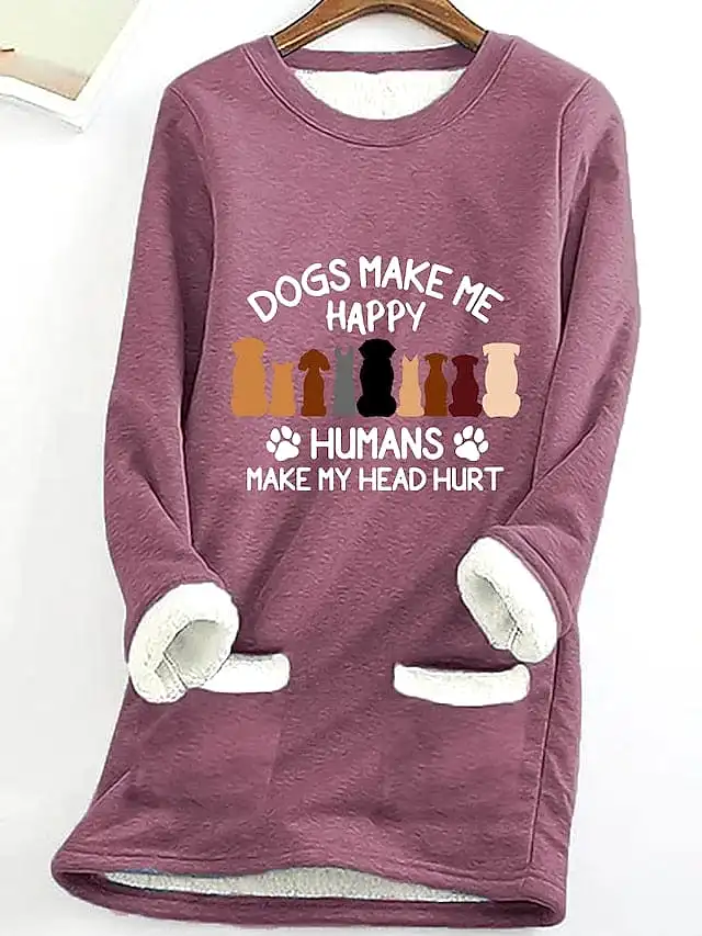 Dog Print Sherpa Fleece Lined Women's Hoodie Sweatshirt