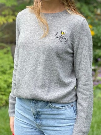 DTD Heather Grey Cashmere Long Sleeve Sweater with hand embroidered Bee Kind