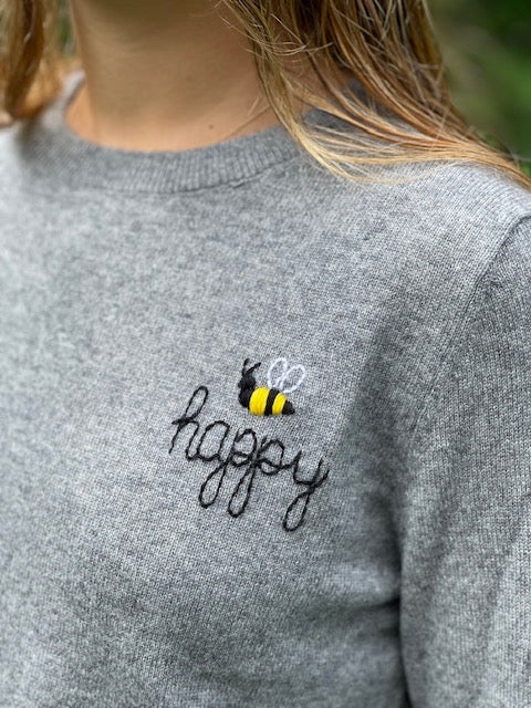 DTD Heather Grey Cashmere Long Sleeve Sweater with hand embroidered Bee Kind