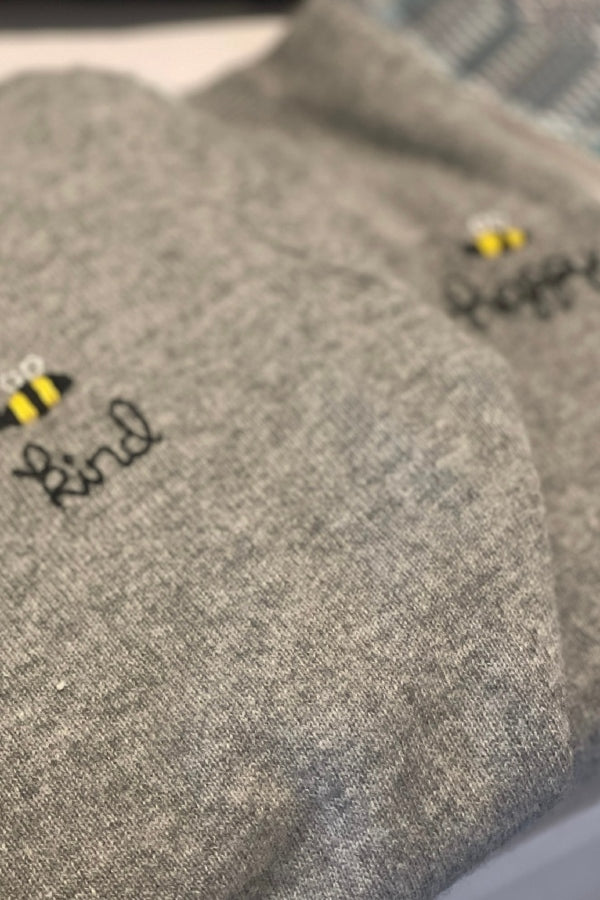 DTD Heather Grey Cashmere Long Sleeve Sweater with hand embroidered Bee Kind