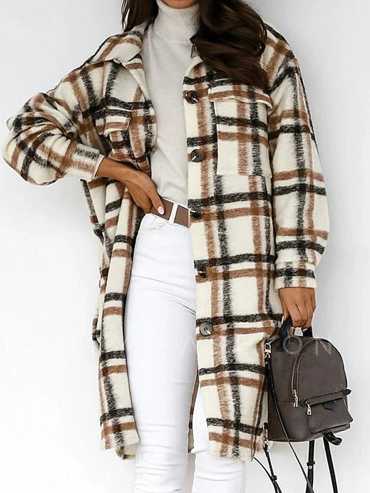 Elegant Women's Plaid Shacket Jacket Trench Coat for Fall and Winter