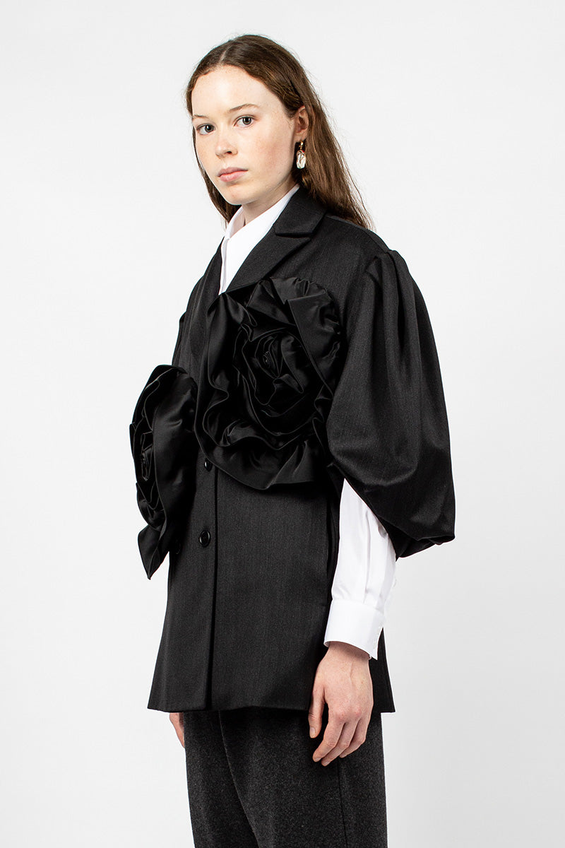 Exaggerated Satin Rose Blazer Charcoal/Black