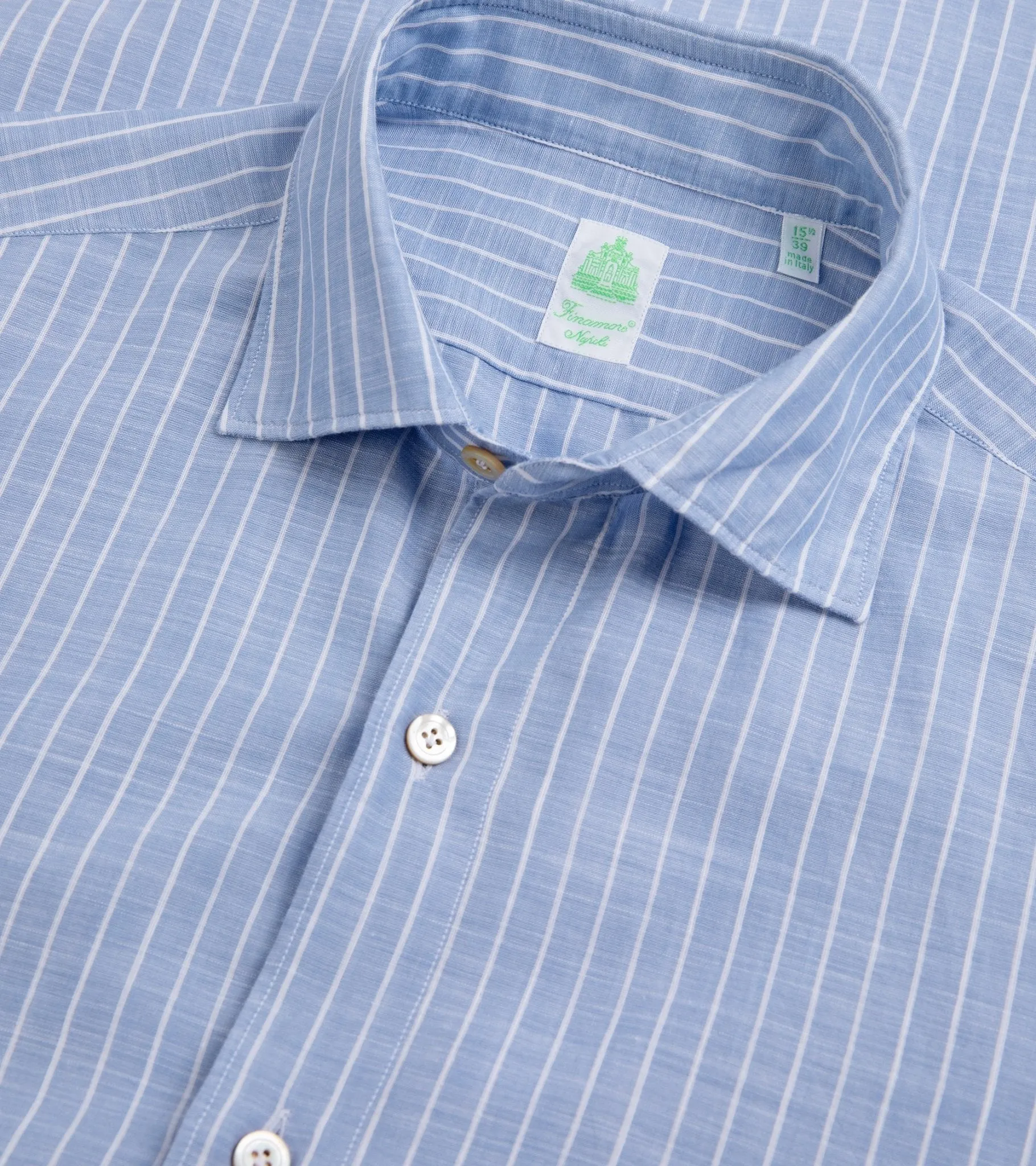 Finamore Gaeta Cotton Linen Butcher Stripe Luigi Sport Shirt: Blue/White