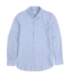 Finamore Gaeta Cotton Linen Butcher Stripe Luigi Sport Shirt: Blue/White