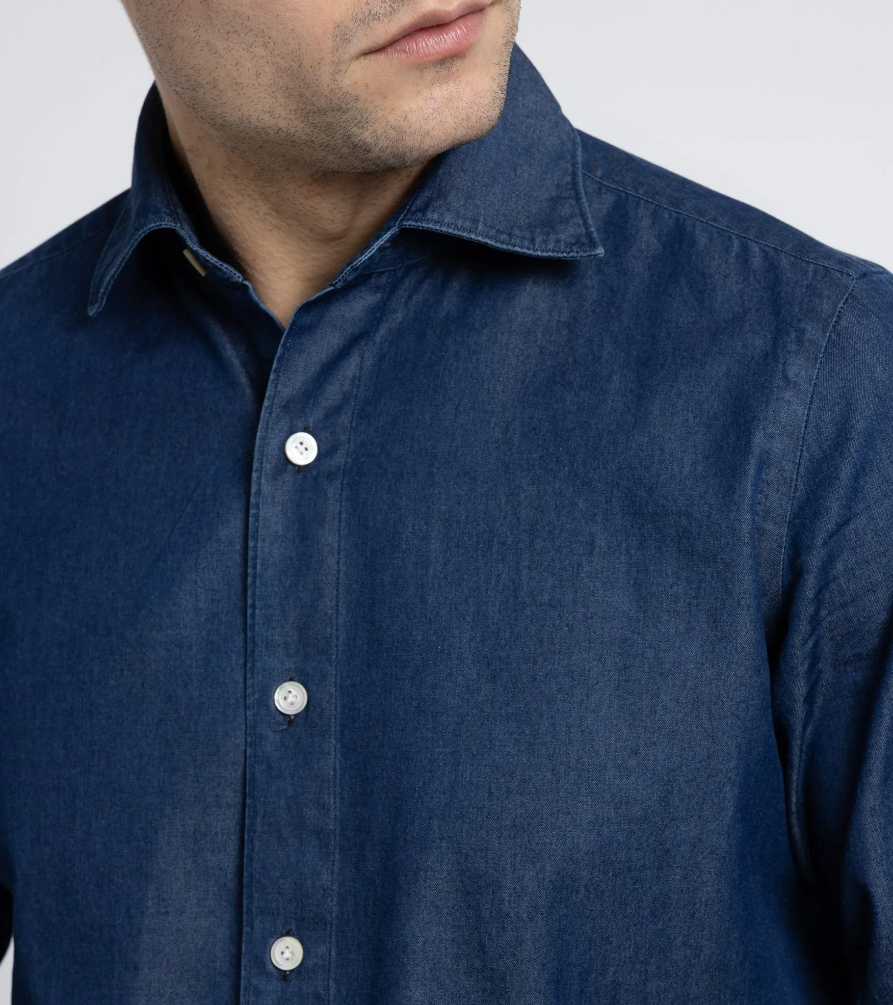 Finamore Gaeta Washed Denim Luigi Sport Shirt: Dark Blue