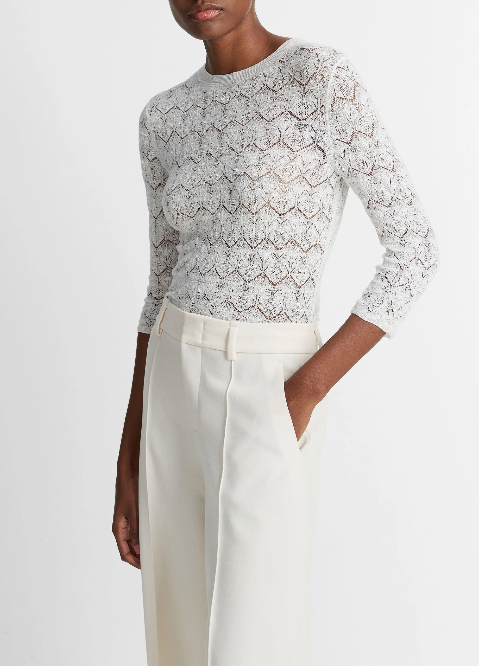 Fine Lace Cotton Three-Quarter-Sleeve Sweater