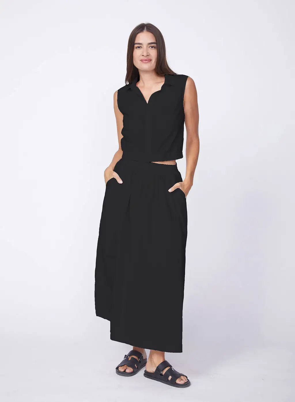 Fine Poplin Double Slit Maxi Skirt in Black