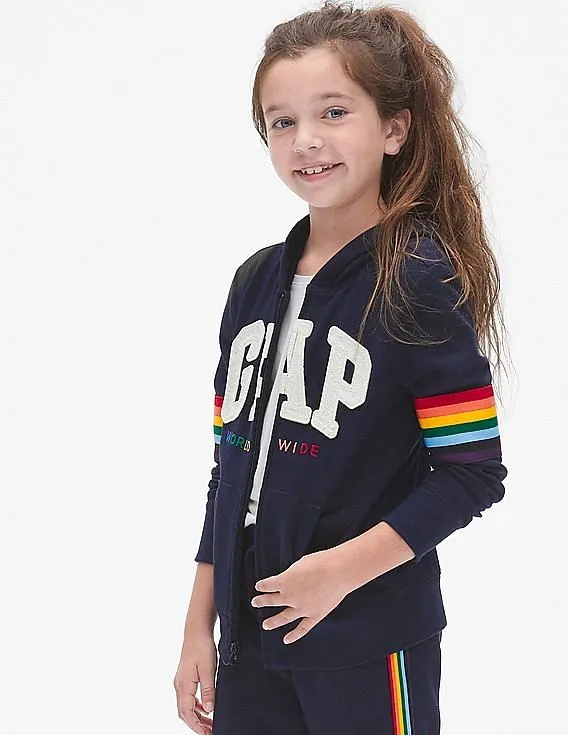 GAP Girls Blue Rainbow Stripe Logo Hoodie Sweatshirt