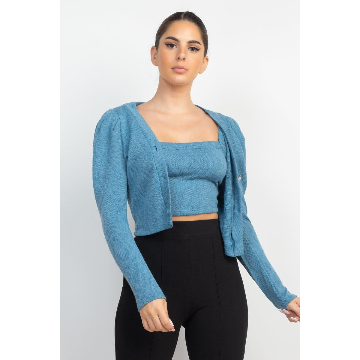 Geometric Cami Puff Sleeves Blazer Top Set