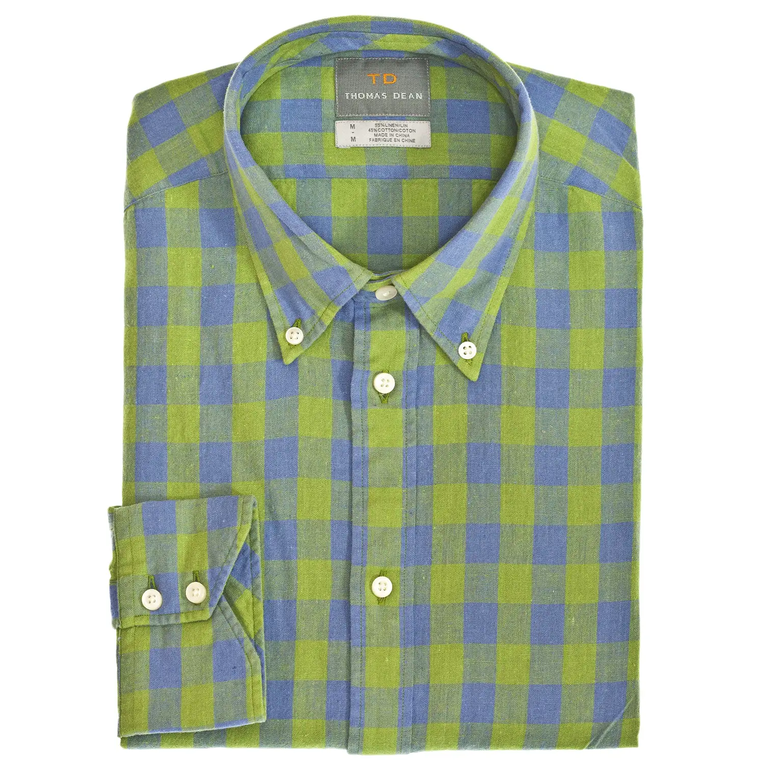 Green Linen Plaid Button Down Collar Sport Shirt