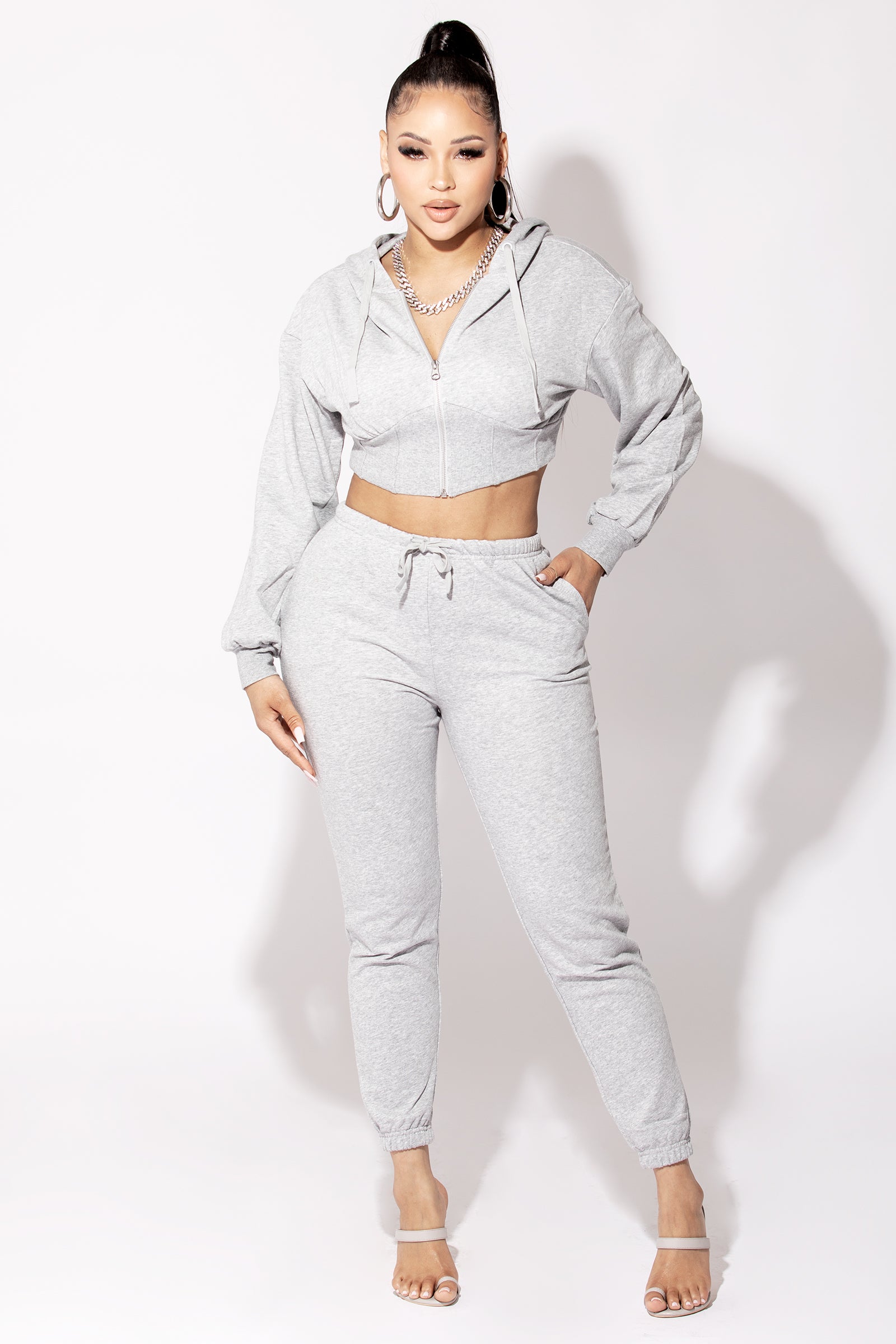 Heather Grey Hooded Cropped Zip Up Jacket