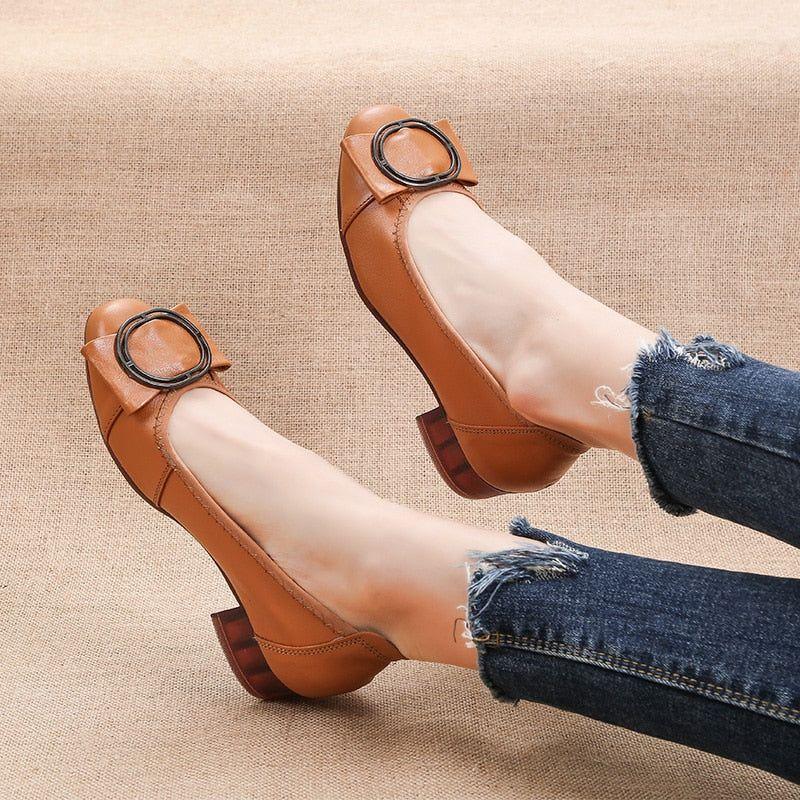 Leather Square Toe Pumps - Women's Casual Shoes EK147