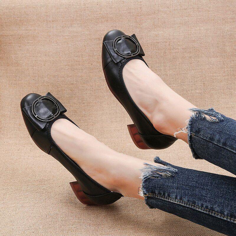 Leather Square Toe Pumps - Women's Casual Shoes EK147