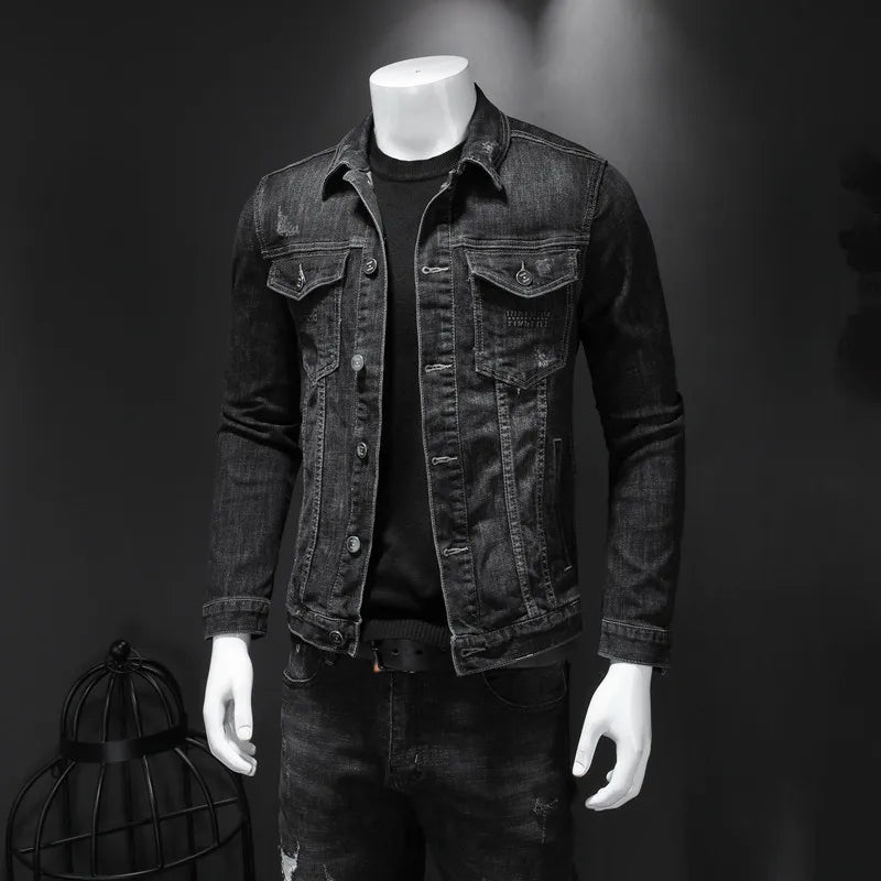 Men's Black Cotton Turn Down Collar Moto Biker Casual Outerwear Jacket