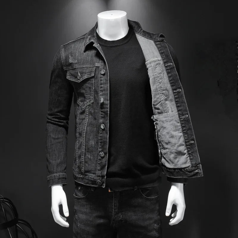 Men's Black Cotton Turn Down Collar Moto Biker Casual Outerwear Jacket