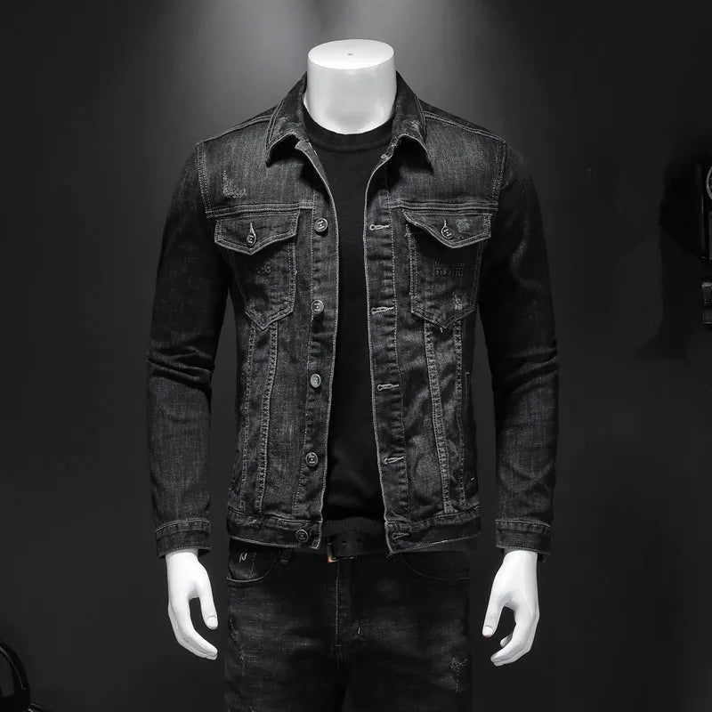 Men's Black Cotton Turn Down Collar Moto Biker Casual Outerwear Jacket