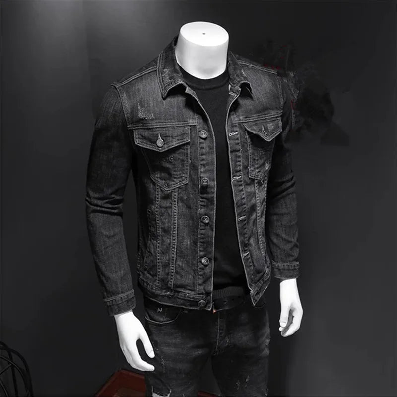 Men's Black Cotton Turn Down Collar Moto Biker Casual Outerwear Jacket