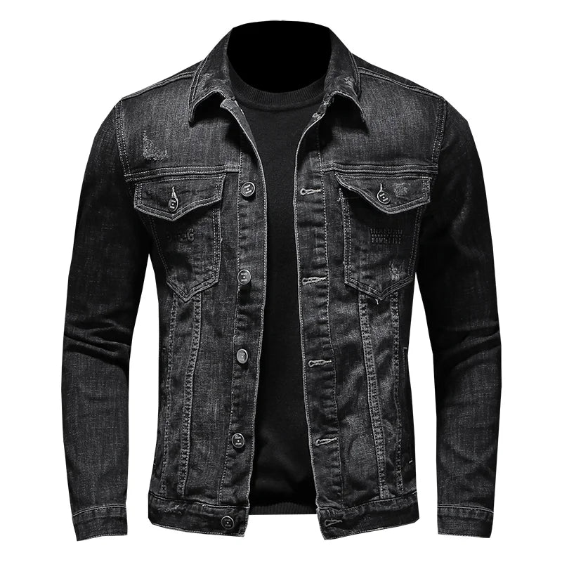 Men's Black Cotton Turn Down Collar Moto Biker Casual Outerwear Jacket