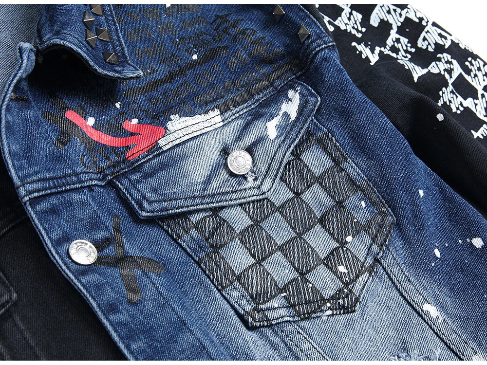 Men's Blue Black Spliced Rivet Decor Ripped Plaid Patchwork Jacket