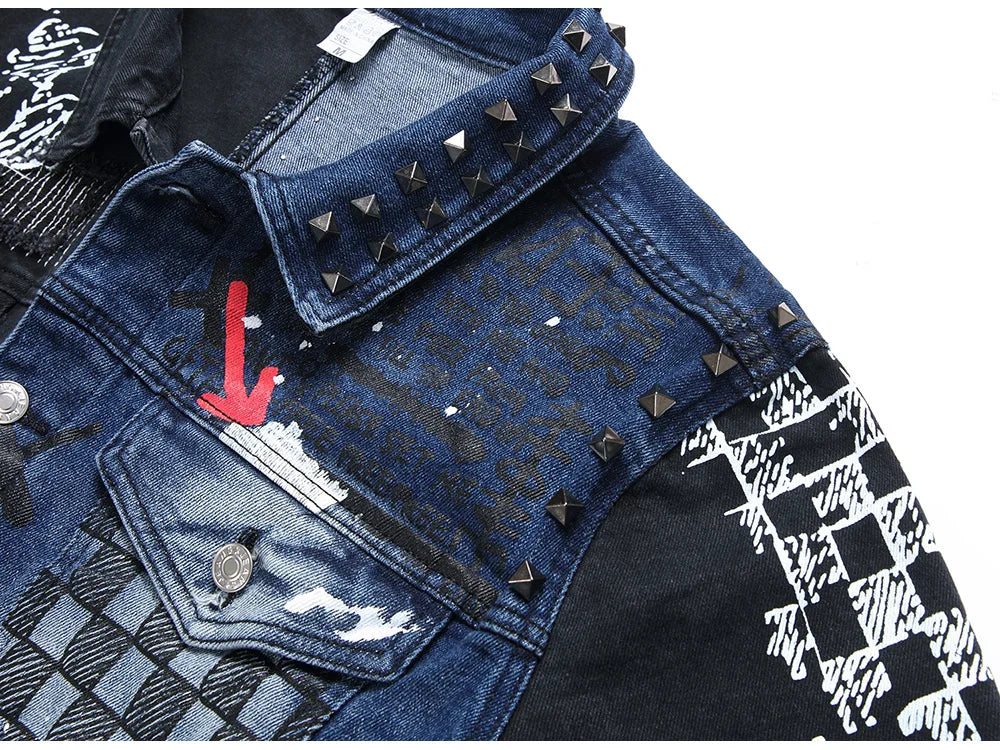 Men's Blue Black Spliced Rivet Decor Ripped Plaid Patchwork Jacket