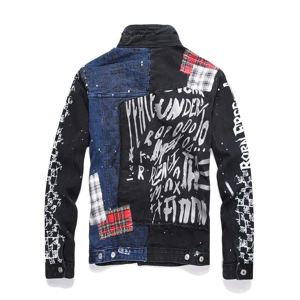 Men's Blue Black Spliced Rivet Decor Ripped Plaid Patchwork Jacket