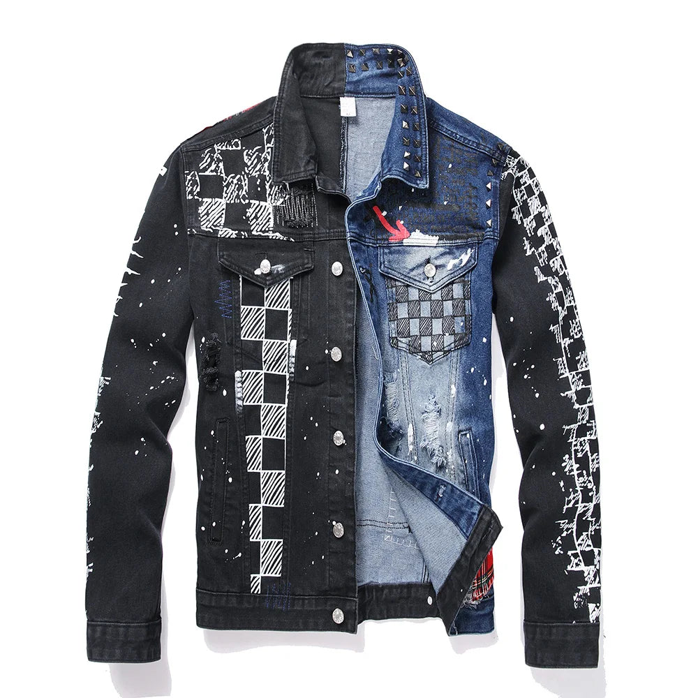 Men's Blue Black Spliced Rivet Decor Ripped Plaid Patchwork Jacket