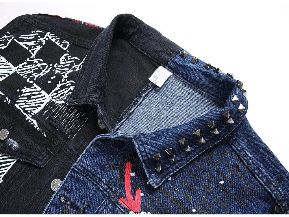 Men's Blue Black Spliced Rivet Decor Ripped Plaid Patchwork Jacket