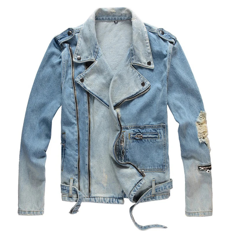 Men's Ripped Blue Turn Down Collar Streetwear Moto Biker Style Jacket