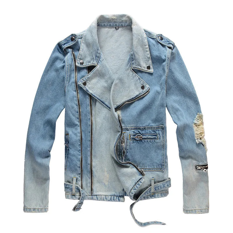 Men's Ripped Blue Turn Down Collar Streetwear Moto Biker Style Jacket