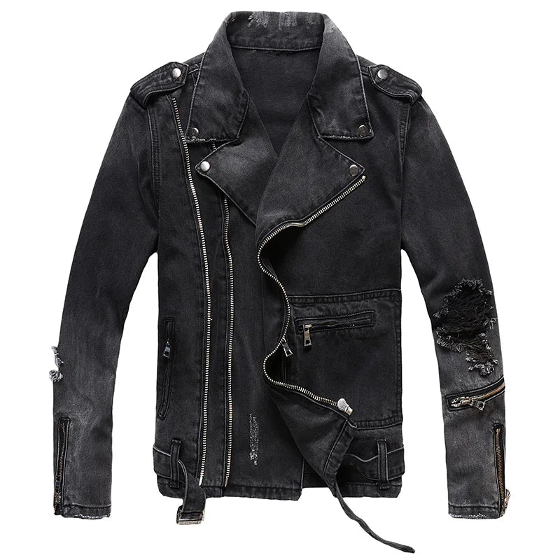 Men's Vintage Black Casual Frayed Decor Moto Biker Style Jacket