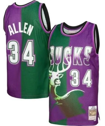 Mitchell & Ness Men's NBA Ray Allen Green/Purple Milwaukee Bucks Hardwood Classics 1996/97 Split Swingman Jersey