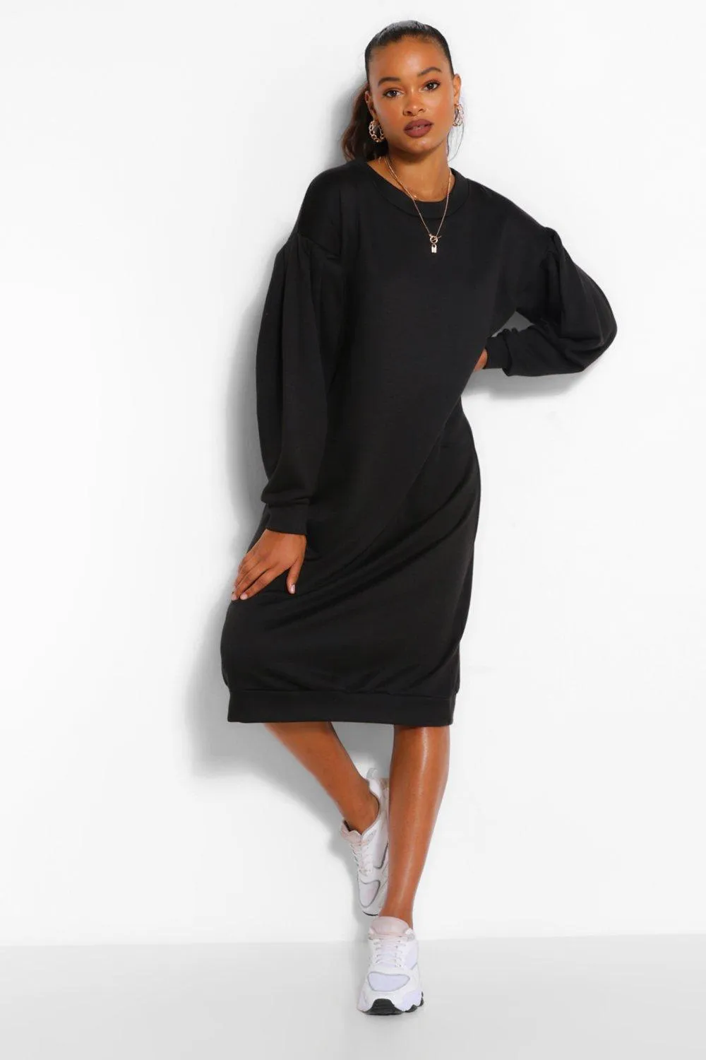 Oversized Pleated Sleeve Midi Sweater Dress