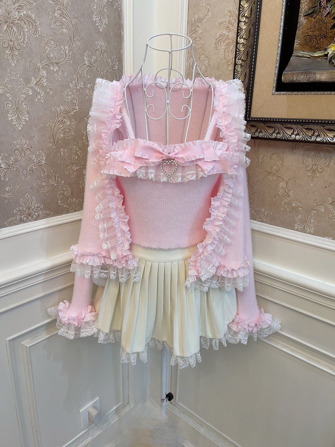 Pink Sweater Cardigan With Bow Short Sling Suit MK18732