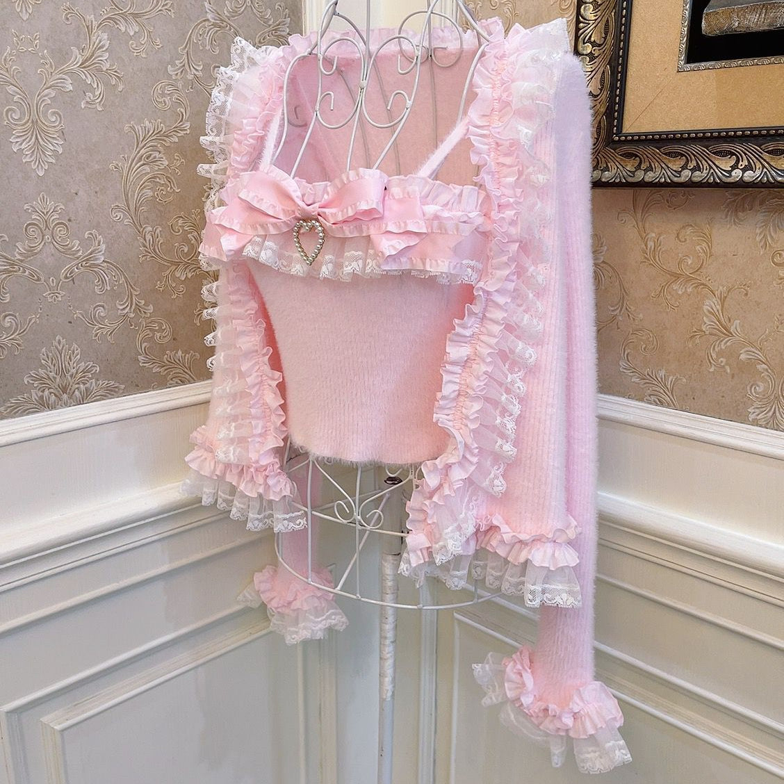 Pink Sweater Cardigan With Bow Short Sling Suit MK18732