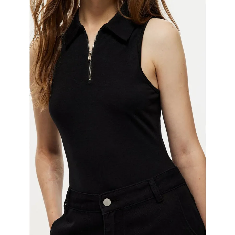 Quarter Zip Collared Neck Sleeveless Bodysuit