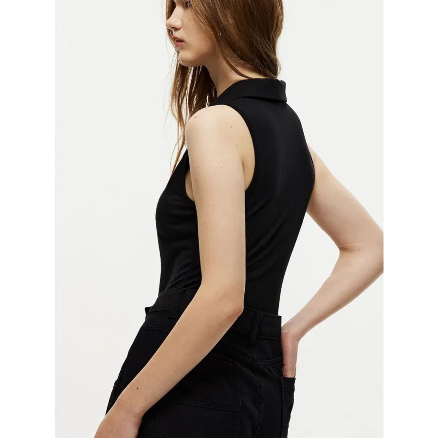 Quarter Zip Collared Neck Sleeveless Bodysuit