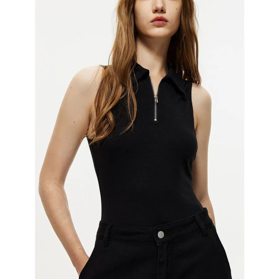 Quarter Zip Collared Neck Sleeveless Bodysuit