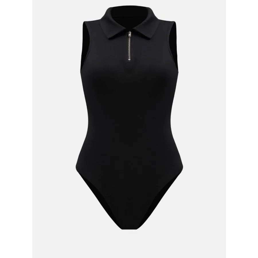 Quarter Zip Collared Neck Sleeveless Bodysuit