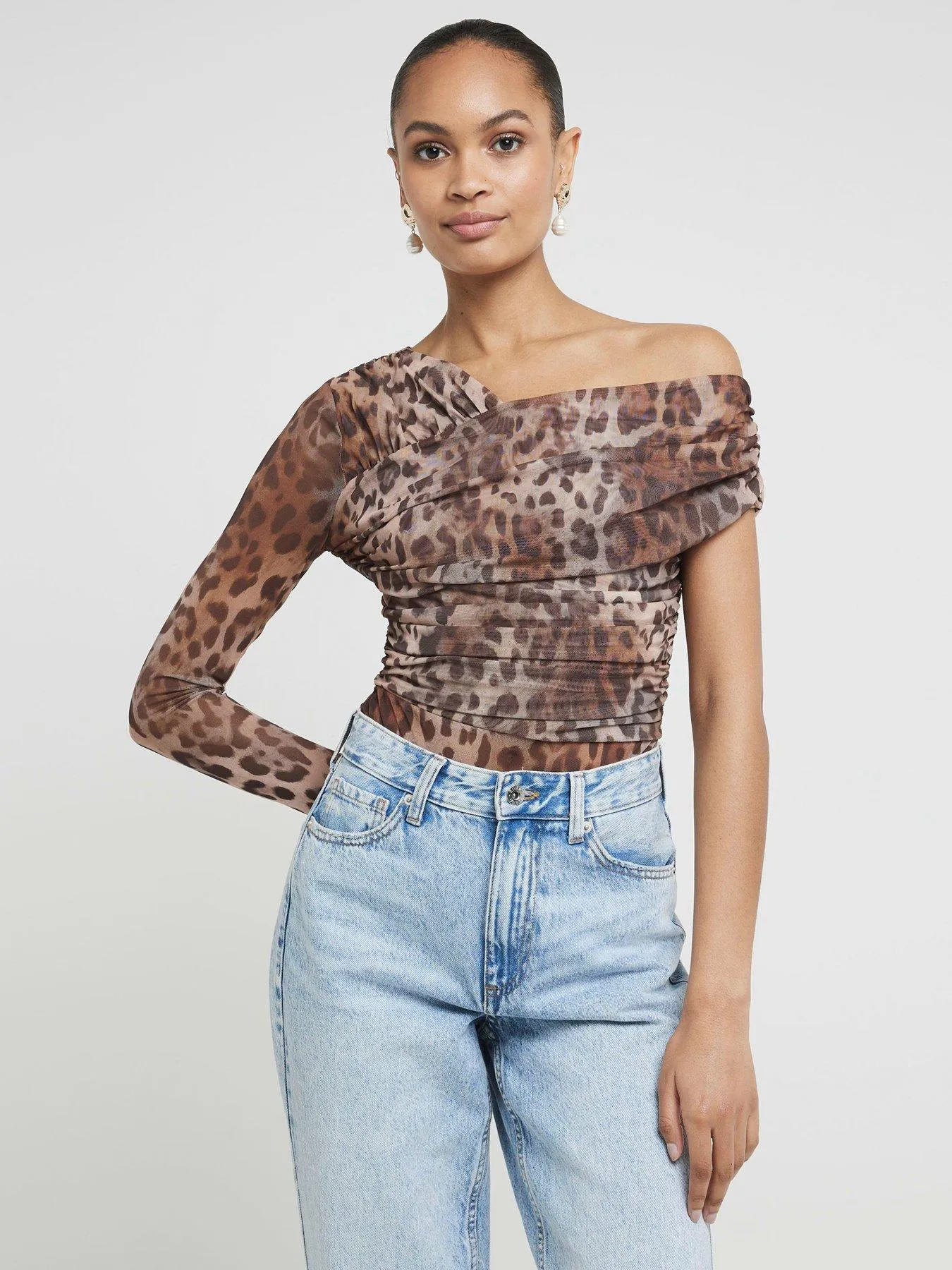 River Island Mesh Asymmetric Bodysuit - Brown