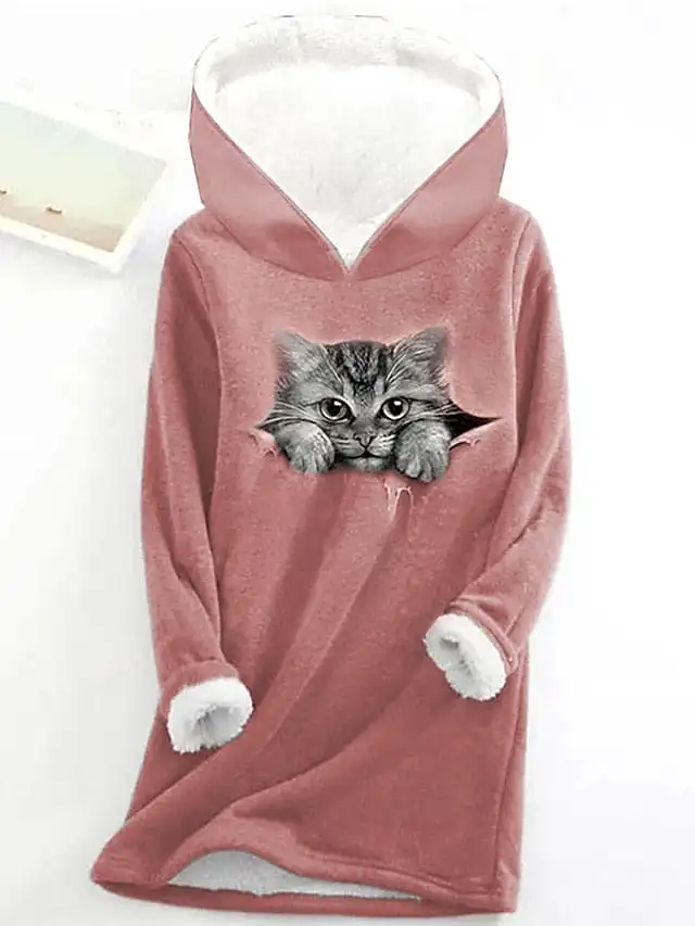 Sherpa Fleece Lined Cat and Butterfly Zip-Up Hoodie Sweatshirt