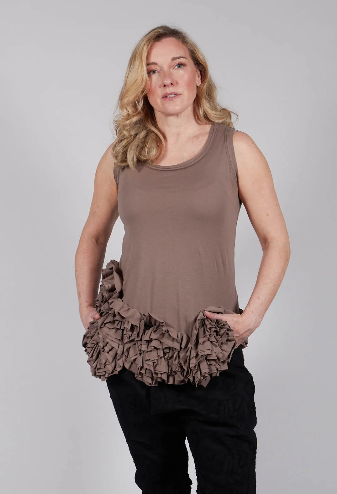 Sleeveless Jersey T Shirt in Toffee with Ruffle Hem