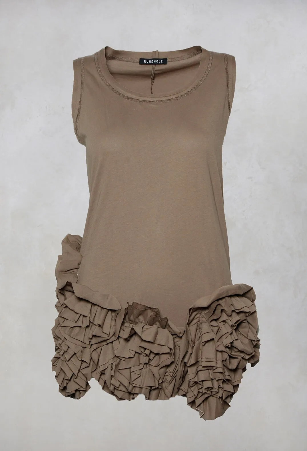 Sleeveless Jersey T Shirt in Toffee with Ruffle Hem